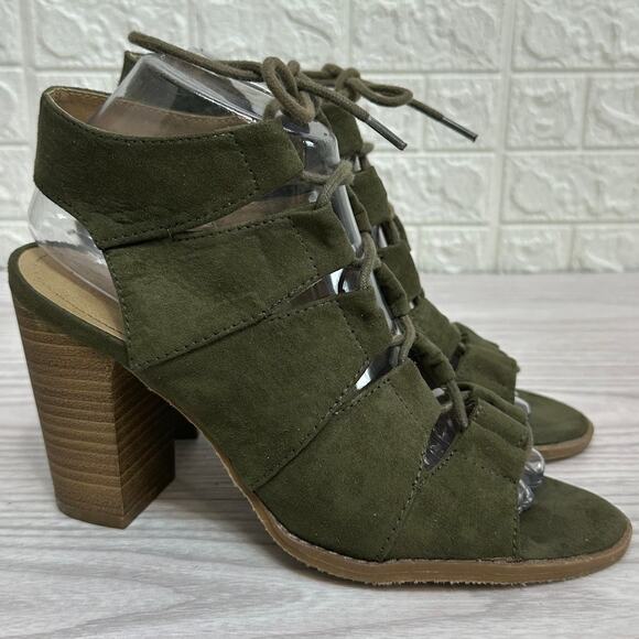 Reaction Kenneth Cole Sandals WMNS 8 Gladiator Lace Up Suede Green Block Heels - Picture 2 of 6
